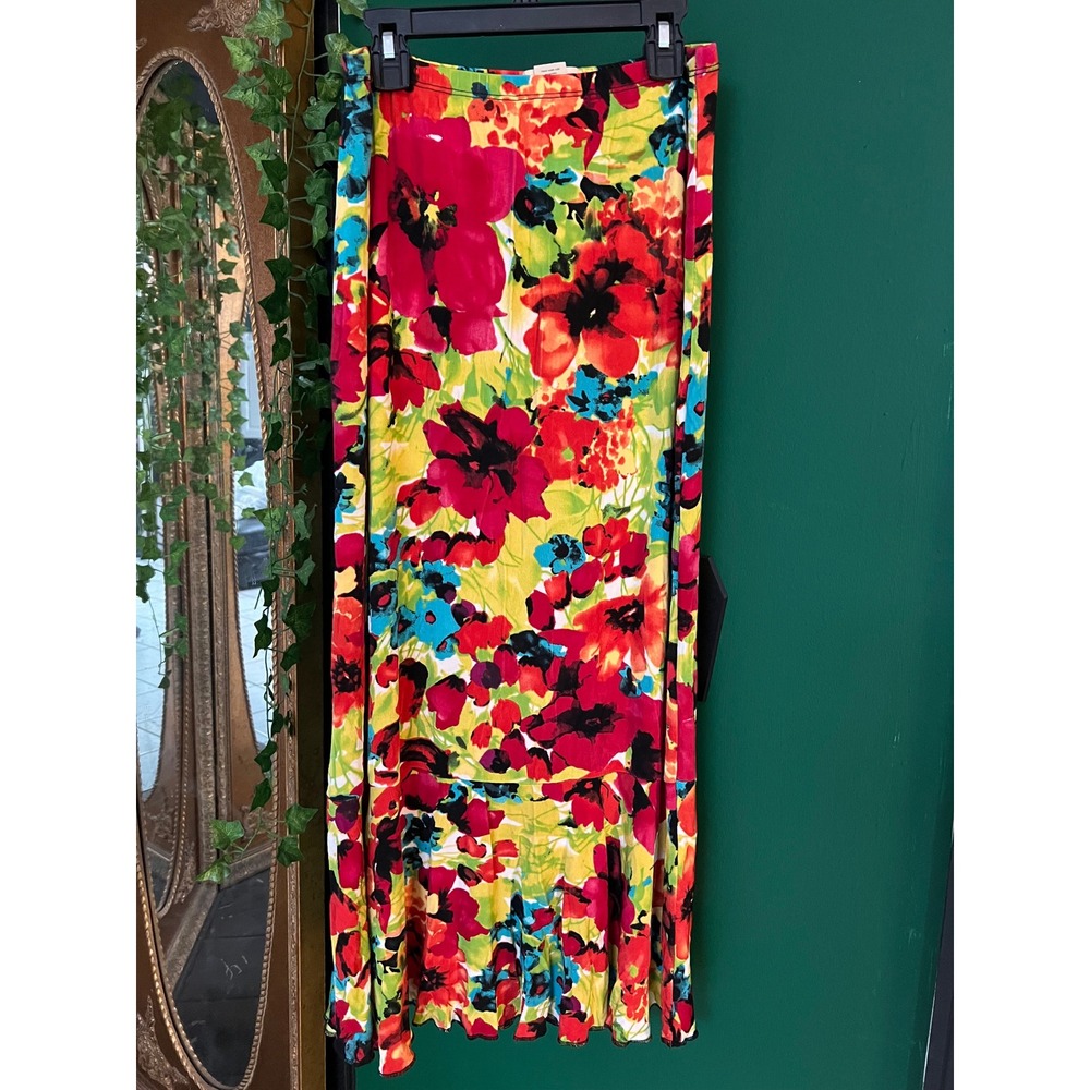 Vintage Choices Floral Maxi Skirt Womens Medium Red Yellow Blue Flounce Hem Boho